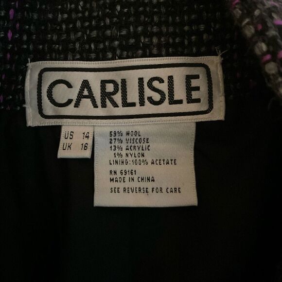 Carlisle Jacket Tweed Wool Blend Button Snap Front Black Pink Grey Weave Size 14 - Picture 4 of 12